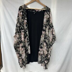 INVESTMENTS Women's 0X / 1X Black Pink Open Front Floral Kimono Cardigan Sheer